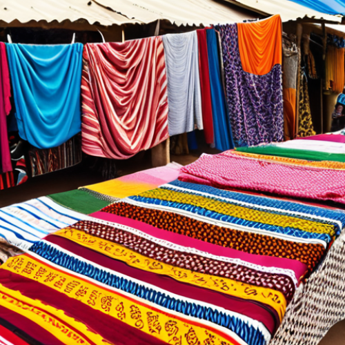 Home 4 ** A vibrant marketplace in Banjul, Gambia. Focus on colorful fabrics, local crafts, and bustling activity with people bargaining. Capture the essence of Gambian culture.
**