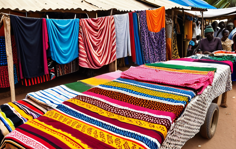 ** A vibrant marketplace in Banjul, Gambia. Focus on colorful fabrics, local crafts, and bustling activity with people bargaining. Capture the essence of Gambian culture.
**