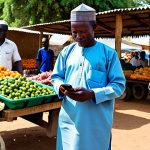 A dignified, middle-aged Gambian farmer, fully clothed in modest, traditional attire, stands in a bustling rural marketplace. He holds a smartphone, actively engaging in a mobile payment transaction, depicting the ease of receiving payment for his crops. His expression conveys empowerment and satisfaction. The background features other vendors and customers, showcasing a vibrant community scene under natural sunlight. Perfect anatomy, correct proportions, natural pose, well-formed hands, proper finger count, natural body proportions, professional photography, high resolution, soft natural lighting, safe for work, appropriate content, fully clothed, modest, family-friendly.
