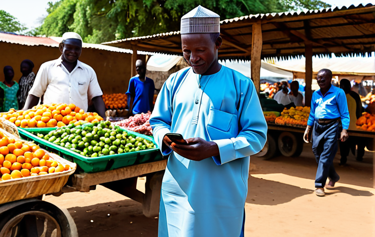 A dignified, middle-aged Gambian farmer, fully clothed in modest, traditional attire, stands in a bustling rural marketplace. He holds a smartphone, actively engaging in a mobile payment transaction, depicting the ease of receiving payment for his crops. His expression conveys empowerment and satisfaction. The background features other vendors and customers, showcasing a vibrant community scene under natural sunlight. Perfect anatomy, correct proportions, natural pose, well-formed hands, proper finger count, natural body proportions, professional photography, high resolution, soft natural lighting, safe for work, appropriate content, fully clothed, modest, family-friendly.