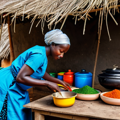 Home 21 **
"A Gambian woman in a vibrant, fully clothed traditional dress, preparing Benachin (Jollof rice) in an outdoor kitchen. The scene should feature colorful pots and vegetables. Warm, natural lighting. Safe for work, appropriate content, fully clothed, professional photography, perfect anatomy, natural proportions, family-friendly."
**