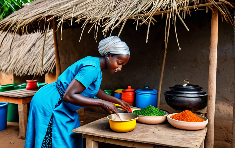 **
"A Gambian woman in a vibrant, fully clothed traditional dress, preparing Benachin (Jollof rice) in an outdoor kitchen. The scene should feature colorful pots and vegetables. Warm, natural lighting. Safe for work, appropriate content, fully clothed, professional photography, perfect anatomy, natural proportions, family-friendly."
**