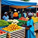 **

"A bustling scene at Serrekunda Market, The Gambia. Vendors in colorful, modest clothing display fresh fruits, vegetables, and local crafts. Shoppers browse the stalls. Capture the vibrant atmosphere, perfect anatomy, correct proportions, well-formed hands, proper finger count, natural body proportions, professional photography, appropriate attire, fully clothed, safe for work, appropriate content, professional, family-friendly."

**