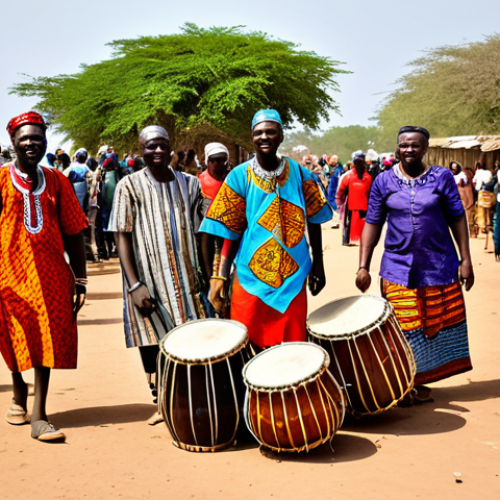 Home 9 Roots Festival Scene**
"A vibrant and colorful scene at the Roots Festival in Gambia. People are wearing traditional West African clothing, fully clothed and appropriate attire. Musicians are playing traditional instruments like the kora and drums. The atmosphere is filled with joy and celebration. Safe for work, appropriate content, family-friendly, perfect anatomy, natural proportions, professional photography, high quality."
**