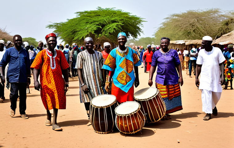 Roots Festival Scene**
"A vibrant and colorful scene at the Roots Festival in Gambia. People are wearing traditional West African clothing, fully clothed and appropriate attire. Musicians are playing traditional instruments like the kora and drums. The atmosphere is filled with joy and celebration. Safe for work, appropriate content, family-friendly, perfect anatomy, natural proportions, professional photography, high quality."
**