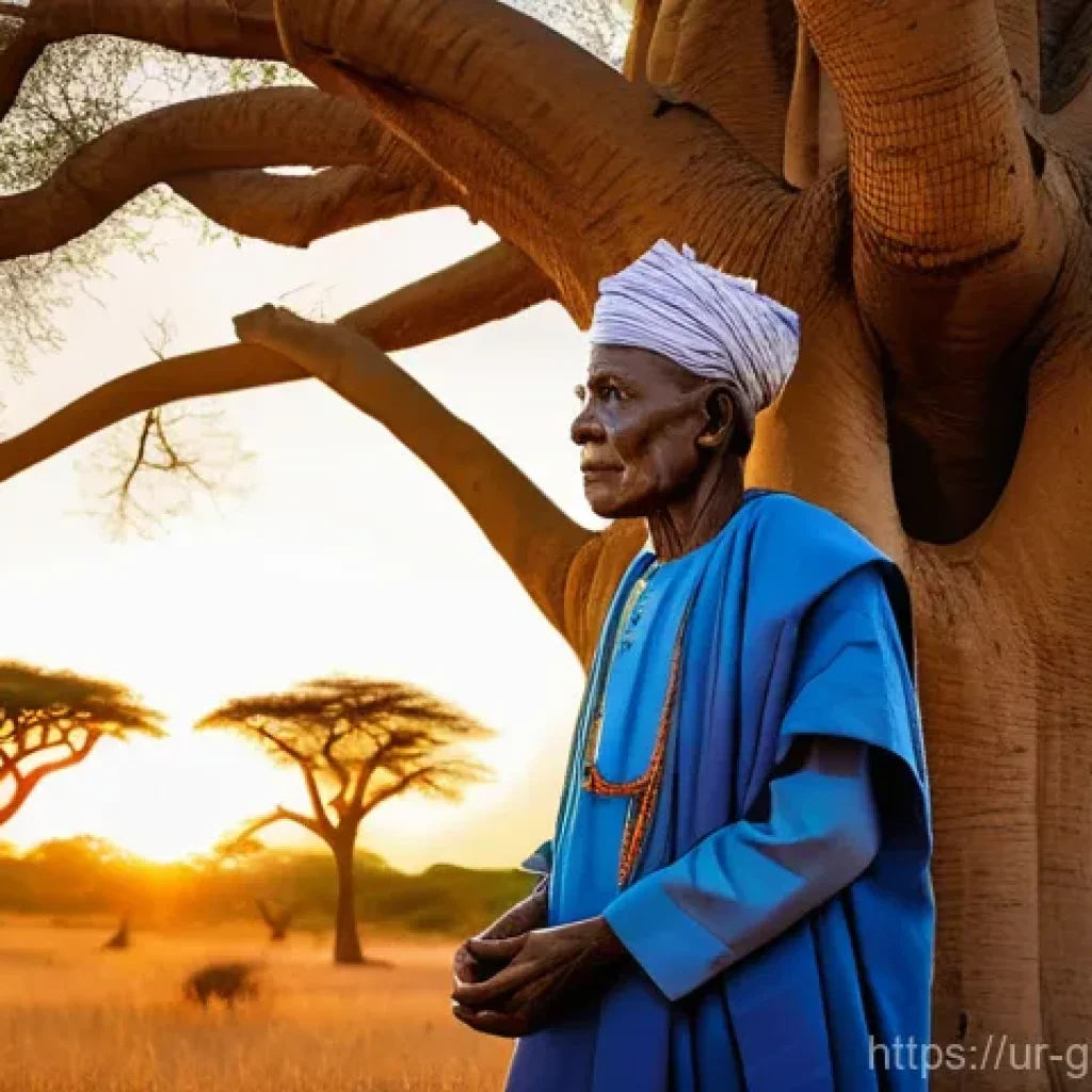 감비아 부족 신앙 - **Prompt:** A serene and wise Gambian elder, with a calm expression, stands respectfully near a maje...