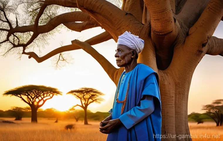 감비아 부족 신앙 - **Prompt:** A serene and wise Gambian elder, with a calm expression, stands respectfully near a maje...