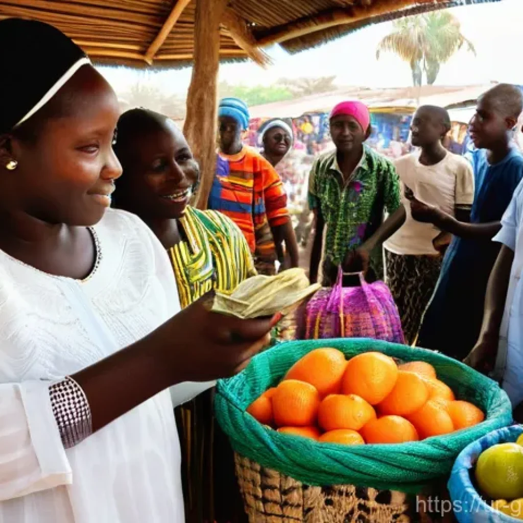 감비아에서 화폐 사용법 - **Prompt:** A vibrant, bustling local market scene in The Gambia. A female tourist, dressed in modes...