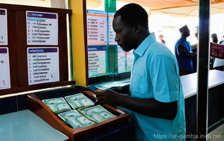 감비아에서 화폐 사용법 - **Prompt:** A modern, clean but modest small shop in a Gambian town. A young Gambian customer, dress...