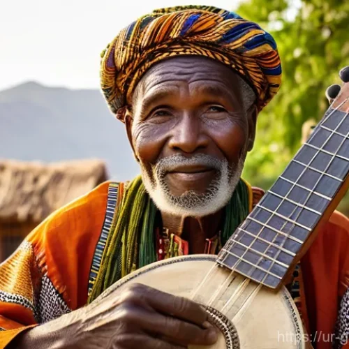 감비아 코라 악기 - **Prompt:** "A wise, elderly Griot (West African storyteller and musician) with a serene and knowled...