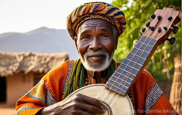 감비아 코라 악기 - **Prompt:** "A wise, elderly Griot (West African storyteller and musician) with a serene and knowled...