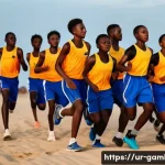 감비아 올림픽 출전 선수 - **Prompt:** A group of young Gambian athletes, teenagers wearing colorful sportswear, joyfully train...