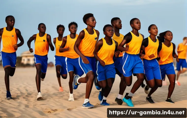 감비아 올림픽 출전 선수 - **Prompt:** A group of young Gambian athletes, teenagers wearing colorful sportswear, joyfully train...