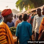 감비아 지역 방언 - **Prompt:** "A vibrant, bustling open-air market scene in The Gambia at golden hour. The market is f...