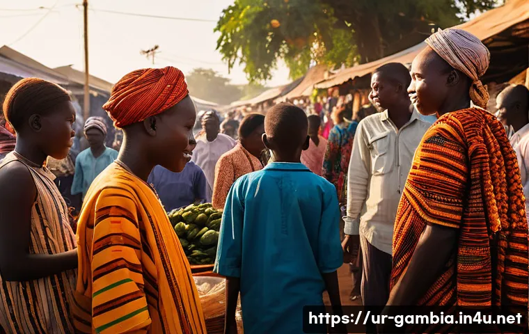 감비아 지역 방언 - **Prompt:** "A vibrant, bustling open-air market scene in The Gambia at golden hour. The market is f...