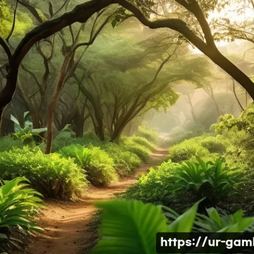 감비아에서 모험 여행하기 - A lush, dense forest scene in The Gambia showcasing vibrant green foliage and tall trees under soft ...