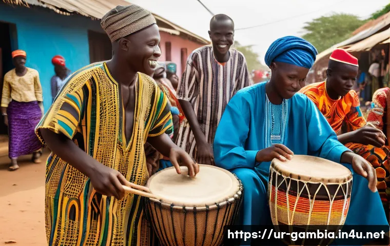 감비아 길거리 공연 문화 - A vibrant street scene in The Gambia featuring local musicians playing traditional instruments such ...