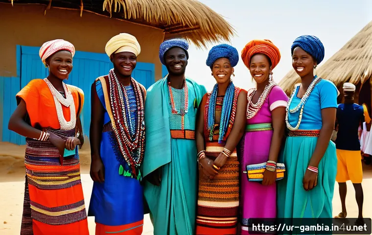 감비아 부족 및 민족성 - A vibrant scene of Gambian tribal festival featuring men and women in traditional colorful clothing,...