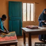 Home 22 감비아 도난 및 분실 시 대처법 - A detailed scene depicting a concerned South Asian family in a modest Gambian home, securing the cri...
