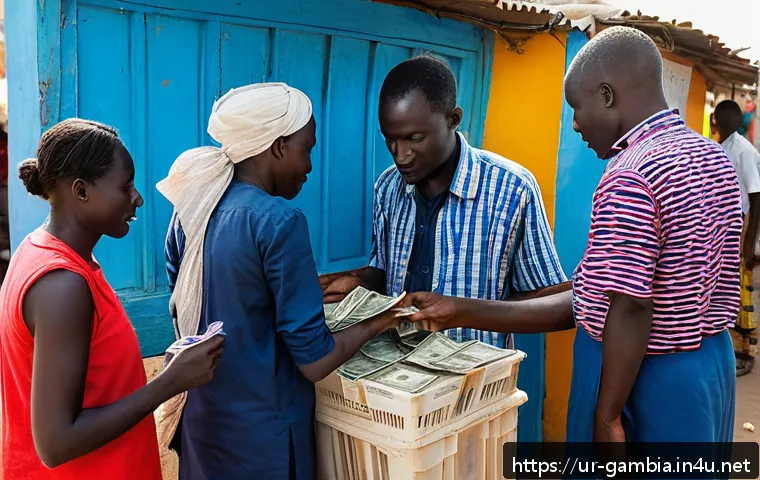 감비아 여행 시 사기 유형 - A detailed street scene in The Gambia showing a tourist cautiously exchanging currency at an officia...