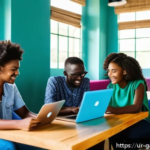 Home 32 감비아 스타트업 산업 - A vibrant modern co-working space in Gambia filled with young entrepreneurs collaborating enthusiast...