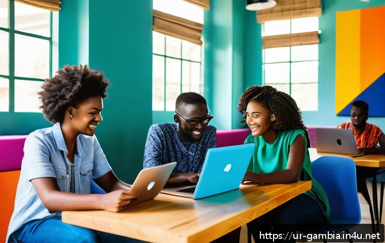 감비아 스타트업 산업 - A vibrant modern co-working space in Gambia filled with young entrepreneurs collaborating enthusiast...