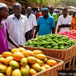 Home 18 감비아 바칼롱 시장 탐방 - A vibrant outdoor market scene in Bakalon, Gambia, showcasing diverse traditional handmade crafts an...