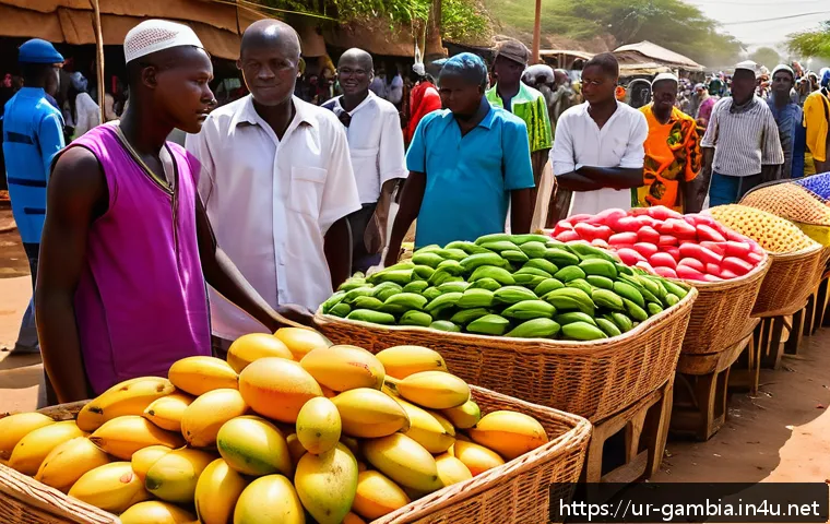 감비아 바칼롱 시장 탐방 - A vibrant outdoor market scene in Bakalon, Gambia, showcasing diverse traditional handmade crafts an...