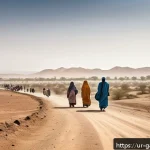 Home 23 감비아 난민 문제 - A detailed, realistic scene depicting a group of Gambian refugees, including men, women, and childre...