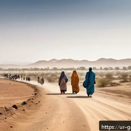 Home 17 감비아 난민 문제 - A detailed, realistic scene depicting a group of Gambian refugees, including men, women, and childre...