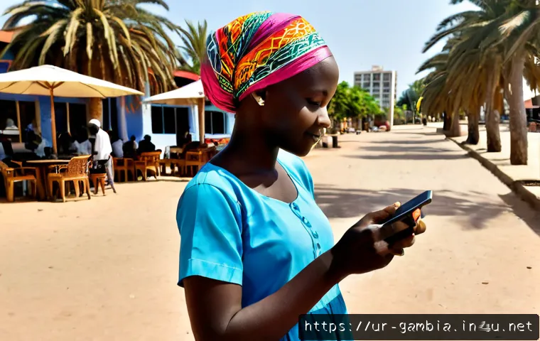 Home 22 감비아에서의 인터넷 환경 - Photorealistic daytime scene in Banjul, The Gambia, a young Gambian woman in modest colorful West Af...