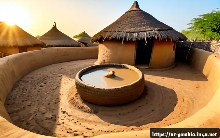 Home 13 감비아 전통 가옥 양식 - Photorealistic wide-angle view of a traditional Gambian rural compound, round mud-brick huts with th...